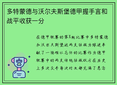 多特蒙德与沃尔夫斯堡德甲握手言和战平收获一分